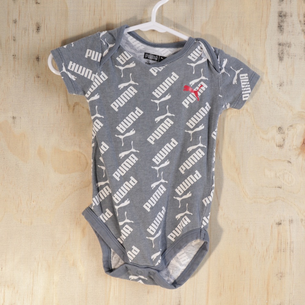 Puma Baby Bodysuit Gray All Over Logo Print Short Sleeve 3-6 Months